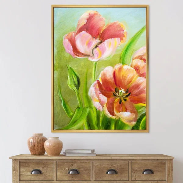 Designart 'Vintage Red Tulips Flowers III' Traditional Framed Canvas Wall Art Print - 30 in. Wide x 40 in. High - Gold