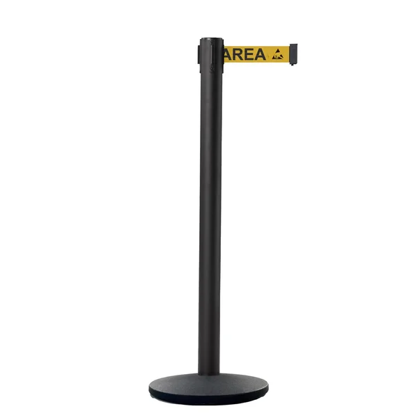 CCW Series IRBB-100 Retractable Belt Barrier Black Post - Cast Iron Base - 7.5 ft. Belt by Crowd Control Warehouse