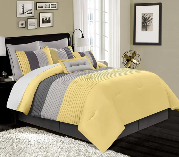 Chezmoi Collection 8-Piece Luxury Striped Comforter Set (King - Yellow/Gray/Paloma)