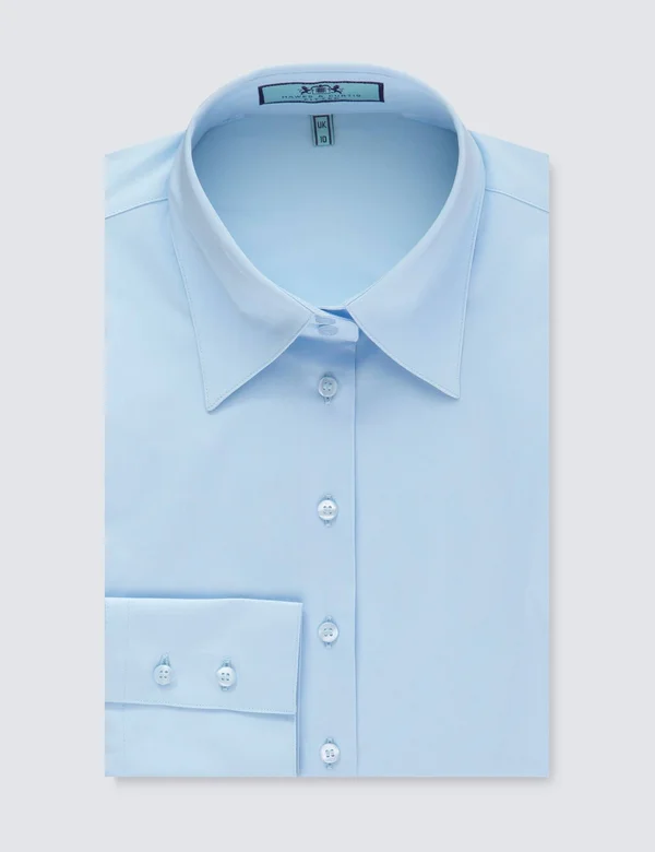 Hawes & Curtis Women's Fitted Shirt with High Long Collar in Ice Blue - Size 14, Single Cuff