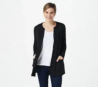Isaac Mizrahi Live! Essentials Pima Buttonfront Topper, Size X-Small, Black