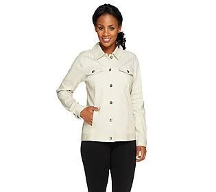 Denim & Co. Stretch Twill Jean Jacket withBling Buttons - Size 1X, New Stone