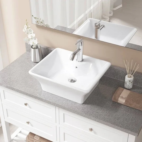 Mr Direct Vitreous China Rectangular Vessel Bathroom Sink with Faucet and Overflow - White