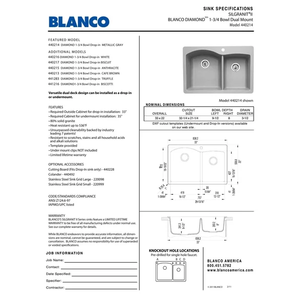 Blanco Diamond 22-in x 33-in Double-Basin Granite Multi-Mount 5-Hole Kitchen Sink in Cafe Brown 440213-5