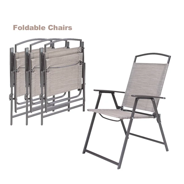 6 Pcs Patio Dinning Set with 4 Folding Chairs, Glass Table and Tan Umbrella Without Base - Brown - 6-Piece Sets