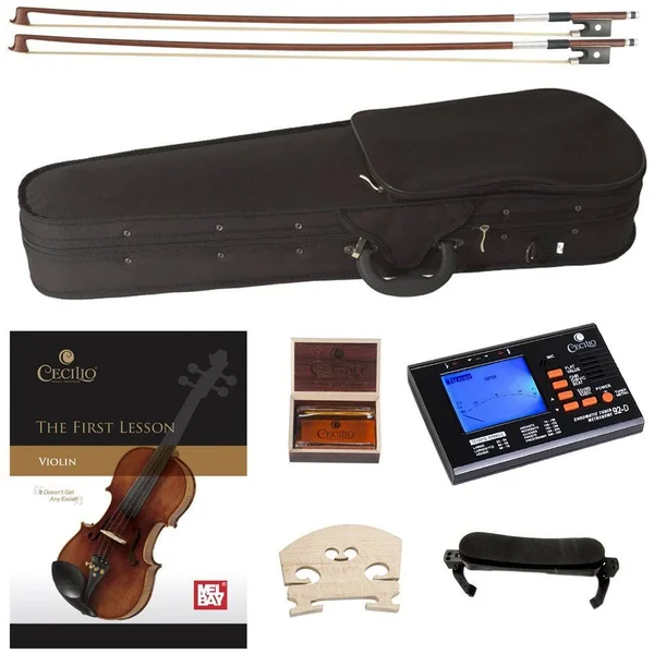 Cecilio CVN-300 Ebony Fitted Solid Wood Violin with D&Addario Prelude Strings - Size 1/2