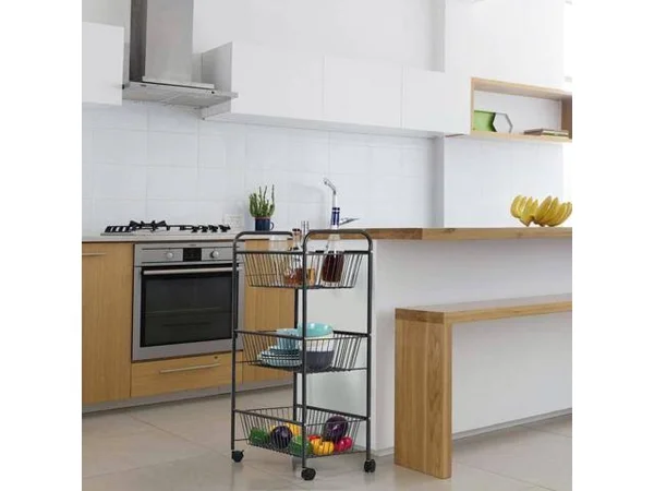 NEX 3-Tier Rolling Basket Stand - Large Size Full Metal Rolling Trolley for Kitchen & Bathroom - Three Tier Storage Cart w/Sh