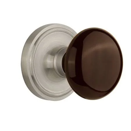 Nostalgic Warehouse 710637 Brown Porcelain Double Dummy Door Knob with Classic Rosette Finish: Satin Nickel