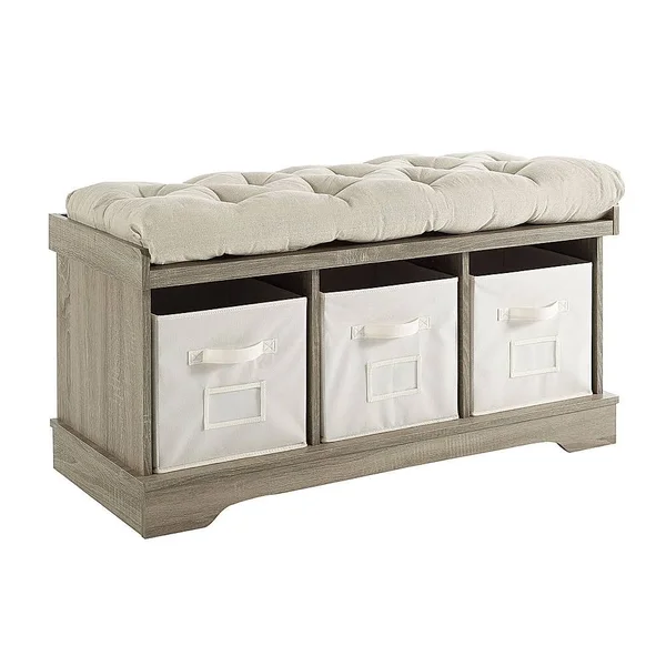 Walker Edison - Rustic Farmhouse Entryway Storage Bench with Totes - Gray Wash