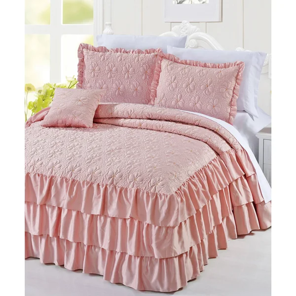 Serenta 4 Piece Matte Satin Ruffle Quilted Bedspread Set, Pink, Queen