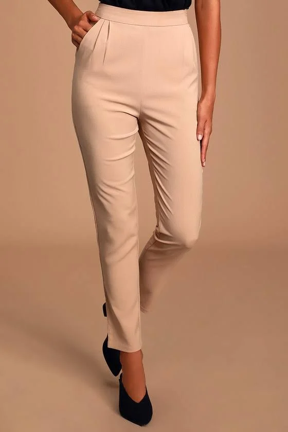 Lulus - Kick It Beige High-Waisted Trouser Pants, Size X-Small, 100% Polyester