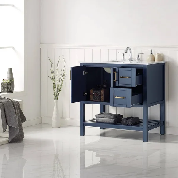 Roswell Florence 36 in. Bath Vanity in Blue with Marble Vanity Top in White with White Basin