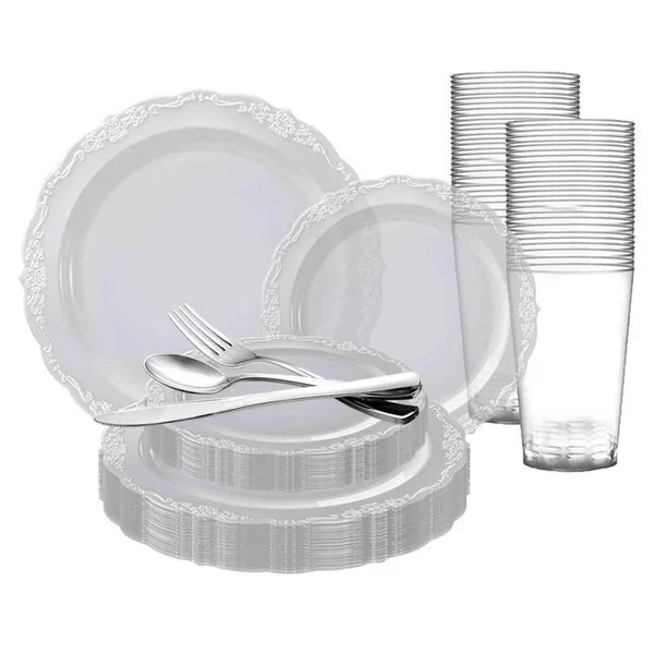 20 Settings - Clear Vintage Round Disposable Plastic Wedding Value Set