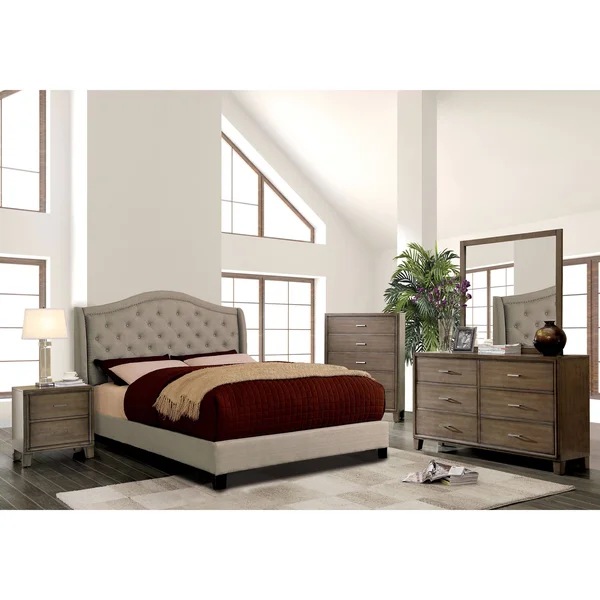 Furniture of America Wall Transitional Grey Fabric Tufted Platform Bed - King