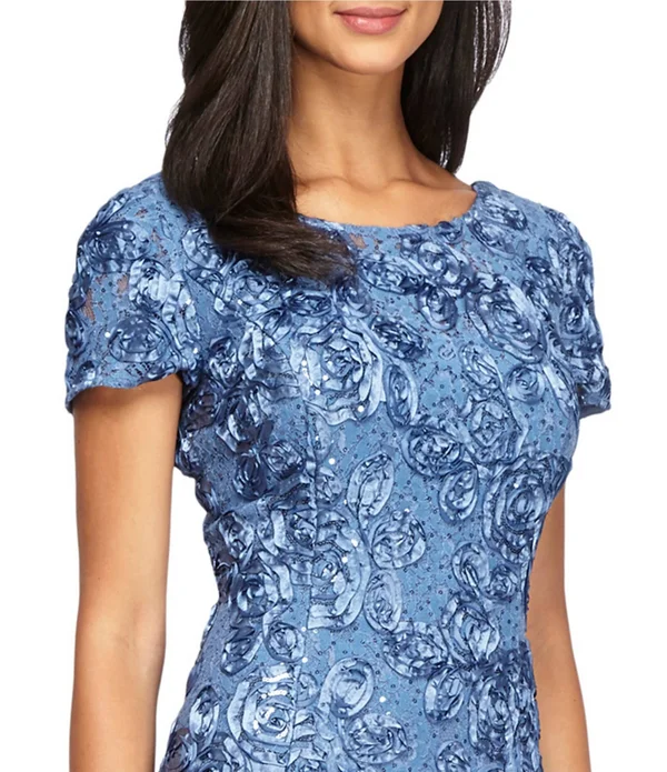 Alex Evenings Womens Petites Sequined Rosette Evening Dress Blue 16p