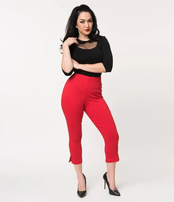 Unique Vintage Red High Waist Rachelle Capri Pants, Size M/6-8