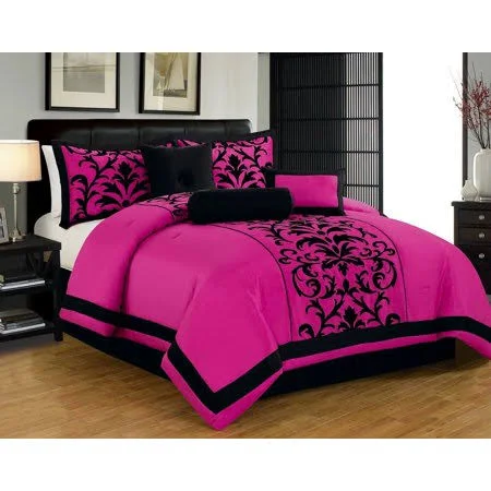 Donna Queen Size 8-Piece Damask Flocking Over Sized Comforter Bedding Set Pink & Black, 90" x 90"