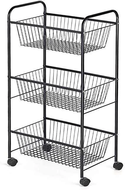 NEX 3-Tier Rolling Basket Stand - Large Size Full Metal Rolling Trolley for Kitchen & Bathroom - Three Tier Storage Cart w/Sh