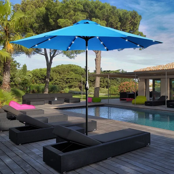 Maypex 9 ft. Steel Market Crank and Tilt Round Solar Light Patio Umbrella in Tan