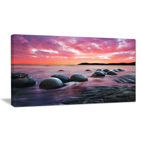 Design Art PT9480-32-16 Moeraki Boulders at Sunset Seashore Photo Canvas Art Print, Red, 32x16x22