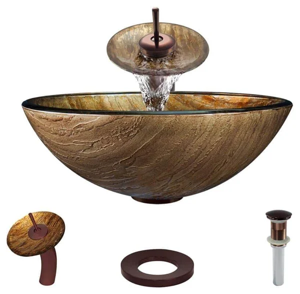 Rene R5-5030-WF-ORB Glass Vessel Bathroom Sink with Oil Rubbed Bronze Waterfall Faucet - Sink Ring, and Vessel Pop-Up Drain