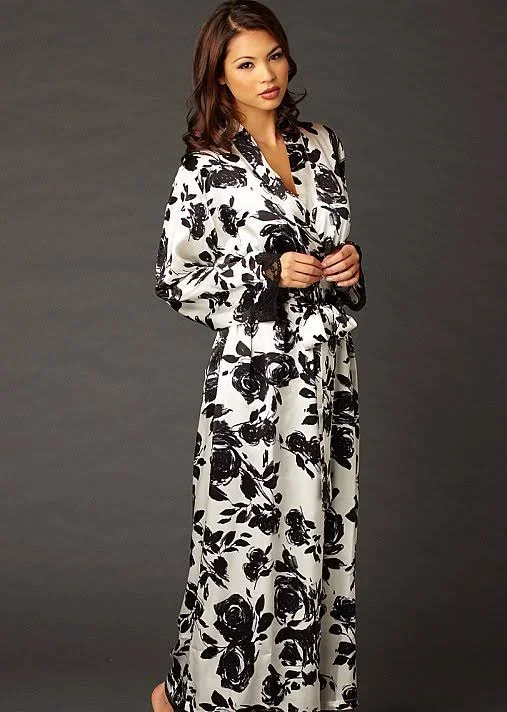 Julianna Rae, Indulgence Silk Print Robe, Inked Rose, S/M, Luxury Women's Silk Satin Robe in Elegant Print, with Calais Lace Cu