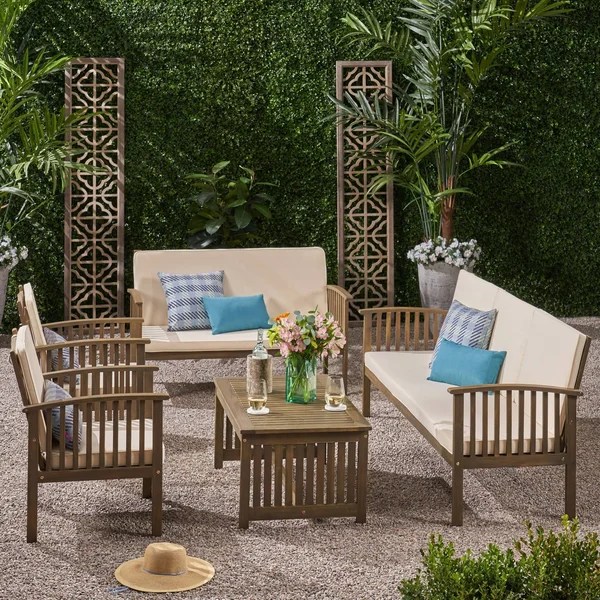 Simona Outdoor 5 Piece Acacia Wood Conversational Set Gray