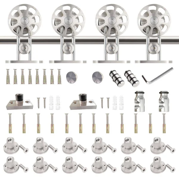 Winsoon 18 ft./216 in. Stainless Steel Sliding Spoke Wheel Barn Door Hardware Kit for Double Door with Non-Routed Floor GUIDE - S