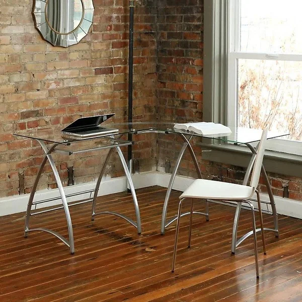 Latitude Run Cloer L-Shaped Metal Writing Desk; Silver - Clear Glass