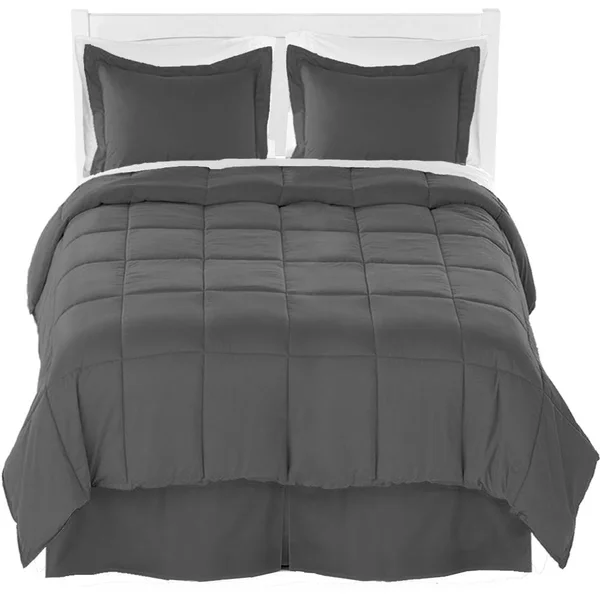 Bare Home Microfiber Comforter - Sheet Set, and Bed Skirt - Grey/White/Grey - Twin