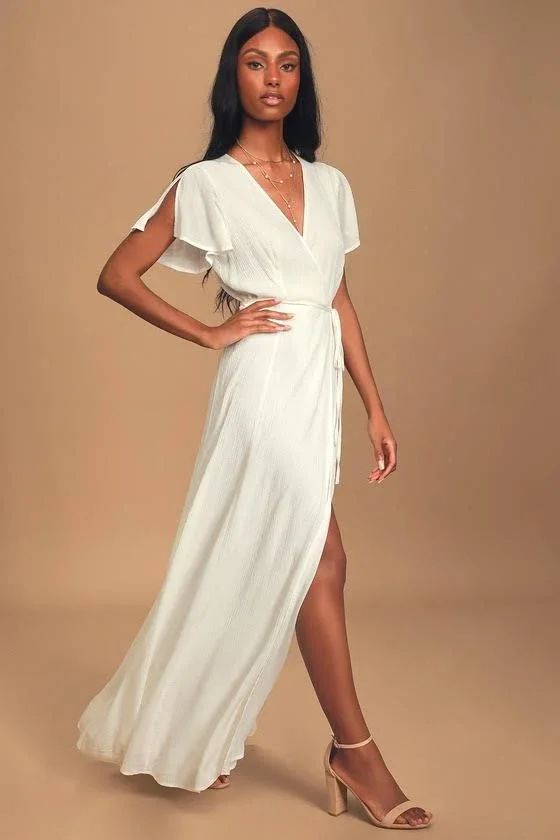 Lulus, Heart of Marigold White Wrap Maxi Dress, Size Large, 100% Polyester