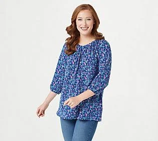 Denim & Co. Printed Heavenly Jersey3/4 Sleeve Top - Size Large, Night Sky