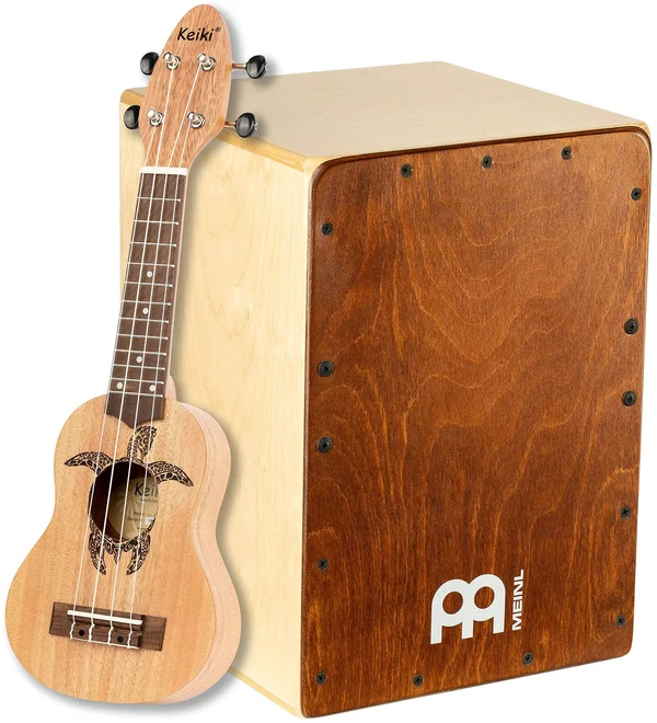 Meinl Percussion Snare Cajon Box Drum with Ukulele Jam Bundle — Keiki Sopranino by Ortega Guitars — Two Year Warranty - JC50K1