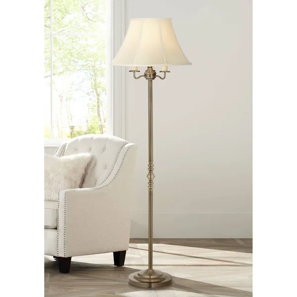 Regency Hill Traditional Floor Lamp Antique Brass Shabby Chic Off White Bell Shade Candelabra for Living Room Reading Bedroom
