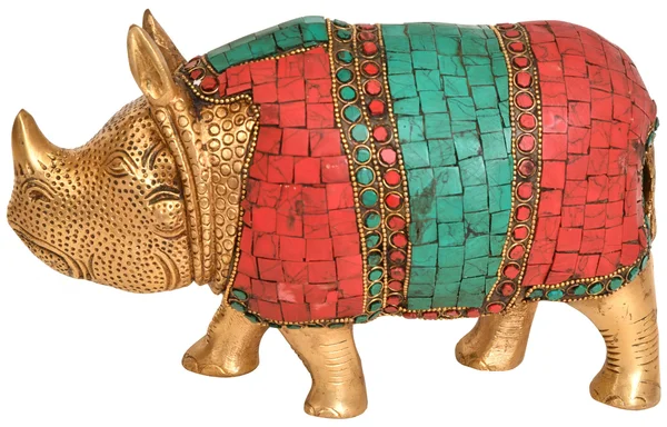 Rhinoceros - Brass with Inlay Statue