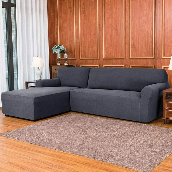 Subrtex Stretch 2-Piece Textured Grid L-Shaped Sectional Sofa Slipcover (2-Seater Left Chaise - Light Gray)