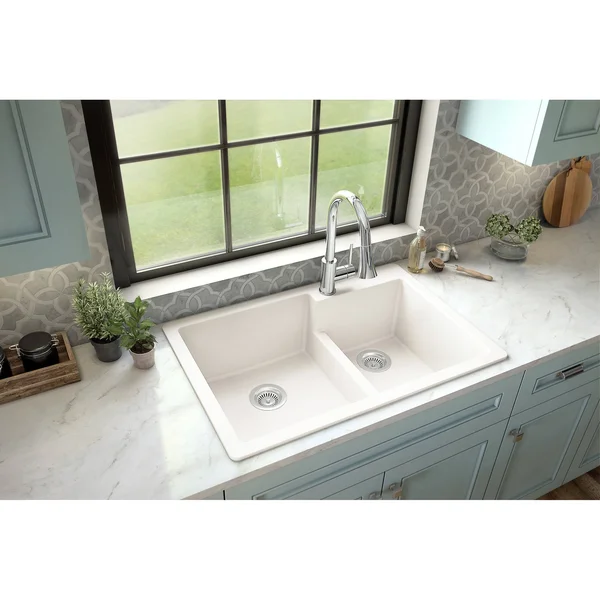 Karran 33x22 Drop In/Topmount Quartz Composite Kitchen Sink - 60/40 Double Bowl, White, QT-811-WH
