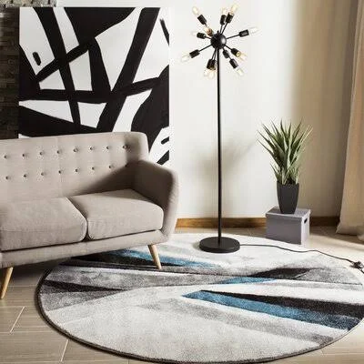 Orren Ellis Anne Abstract Gray/Teal Area Rug, Size: Round 5&3 inch