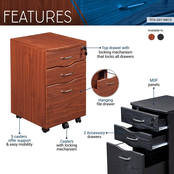 Techni Mobili Rolling Storage and File Cabinet Mahogany