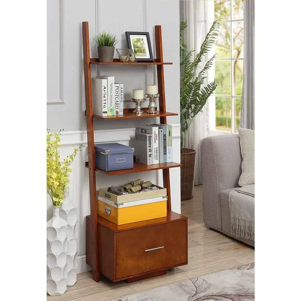 Convenience Concepts American Heritage Ladder Bookcase with File Drawer, Brown
