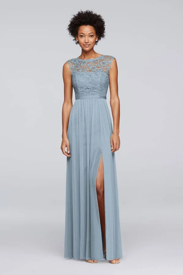 David&s Bridal Long Bridesmaid Dress with Lace Bodice - Marine (Blue), 30