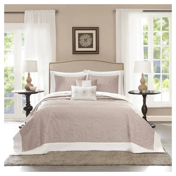 Madison Park Ashbury 5 Piece Reversible Bedspread Set, Khaki, Queen