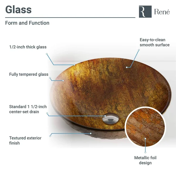 Rene R5-5030-WF-ORB Glass Vessel Bathroom Sink with Oil Rubbed Bronze Waterfall Faucet - Sink Ring, and Vessel Pop-Up Drain