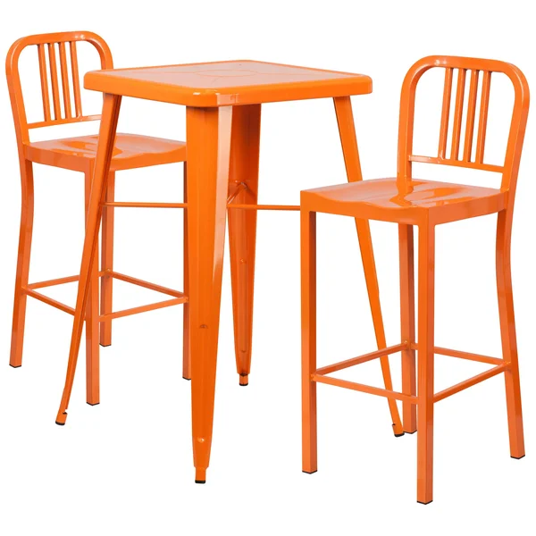Flash Furniture Orange Metal Indoor-Outdoor Bar Table Set with 2 Vertical Slat Back Barstools
