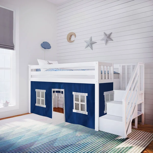 Twin-size Low Loft with Stairs + Curtain - Grey Blue