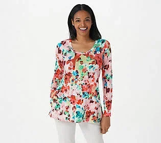 Logo by Lori Goldstein Printed Rayon 230 Knit Top, Size Small, Calypso Coral