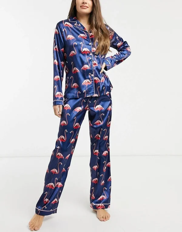 Night Satin Long Pajama Set with Flamingo Print in Navy - ASOS Outlet