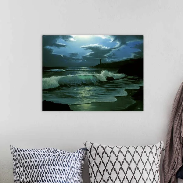Waves Coming in on Shore, with A Lighthouse in The Distance, at Night, Large Solid-Faced Canvas Wall Art Print, Great Big Canv