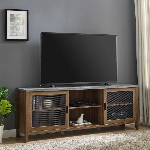 Welwick Designs 70 in. Dark Concrete and Reclaimed Barnwood Composite TV Stand Fits TVs Up to 78 in. with Storage Doors, Dark Co