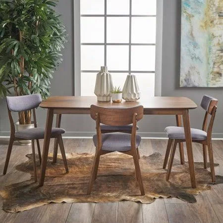 Henry 5 Piece Wood Dining Set Upholstery Color: Dark Grey - Finish: Natural Walnut
